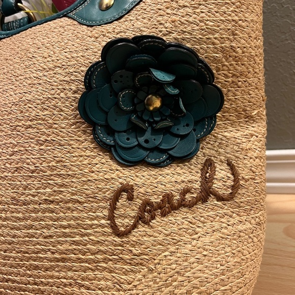 Coach Straw Tote with Teal Accents - Picture 2 of 13